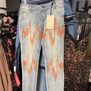 Litz Women's Light Blue Skinny Jeans with Orange Accents